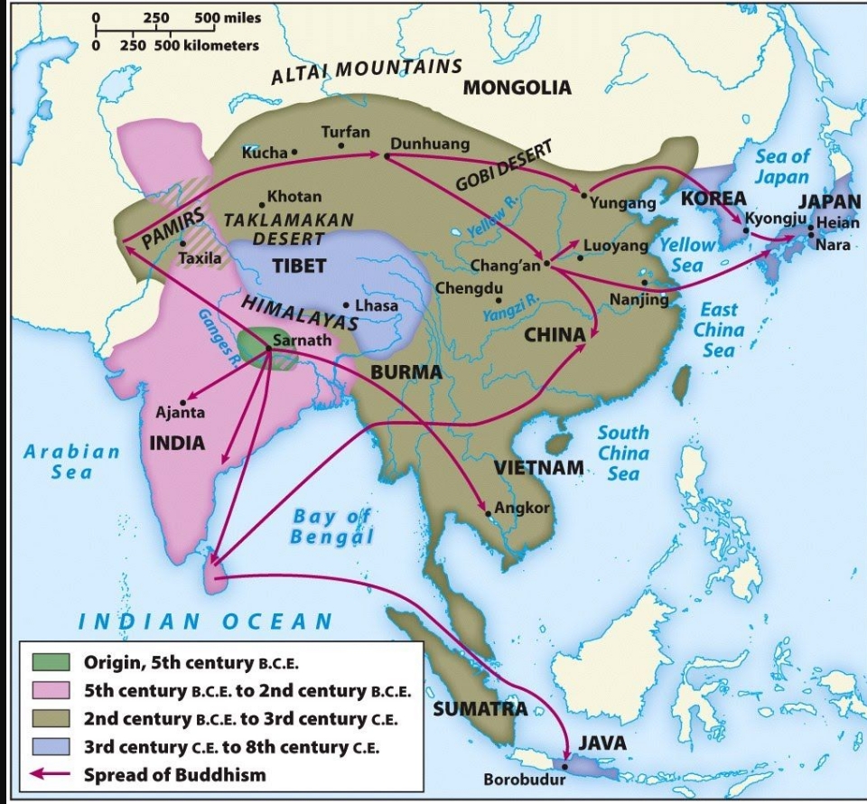 Map illustrating the extensive spread of Buddhism under Emperor Ashoka